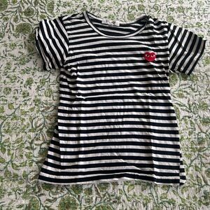 Comme des Garcons PLAY Black and White Striped Tee with Red Heart